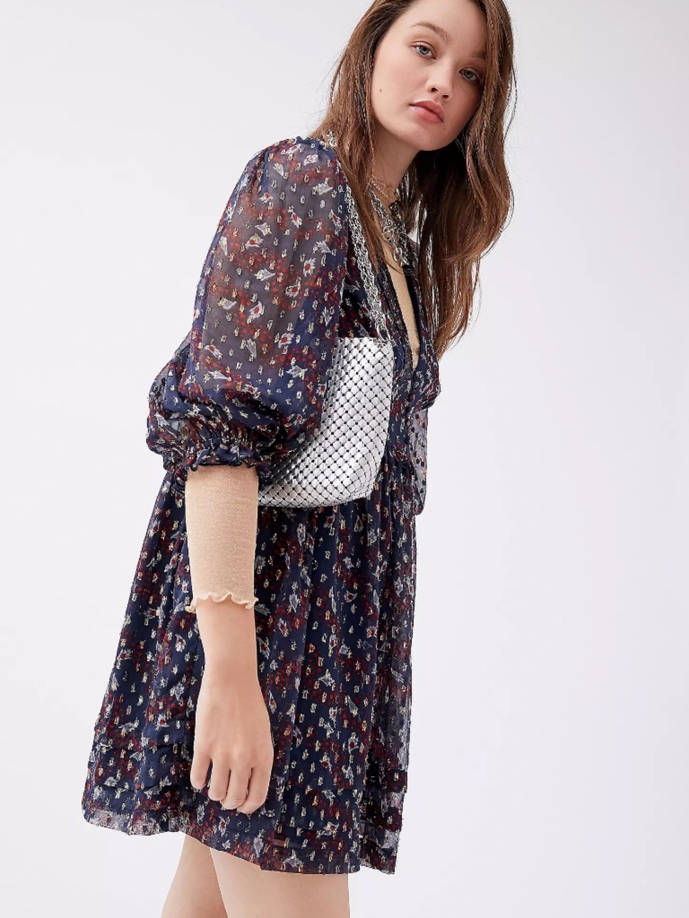 UO Urban Outfitters  Printed Chiffon Mini Dress - Color Blue Multi - Size XS